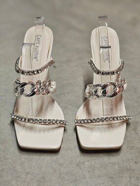 Elegant Rhinestone Chain Strap Stiletto Heels Off White Open Toe Square Toe Desi